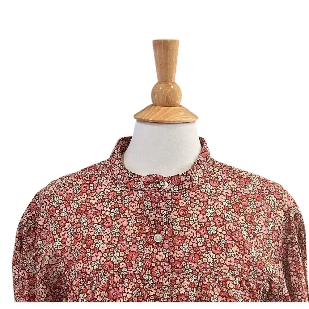 Lee Red Floral Short Sleeve Button Down Shirt, Band Collar, Cottage, Size L